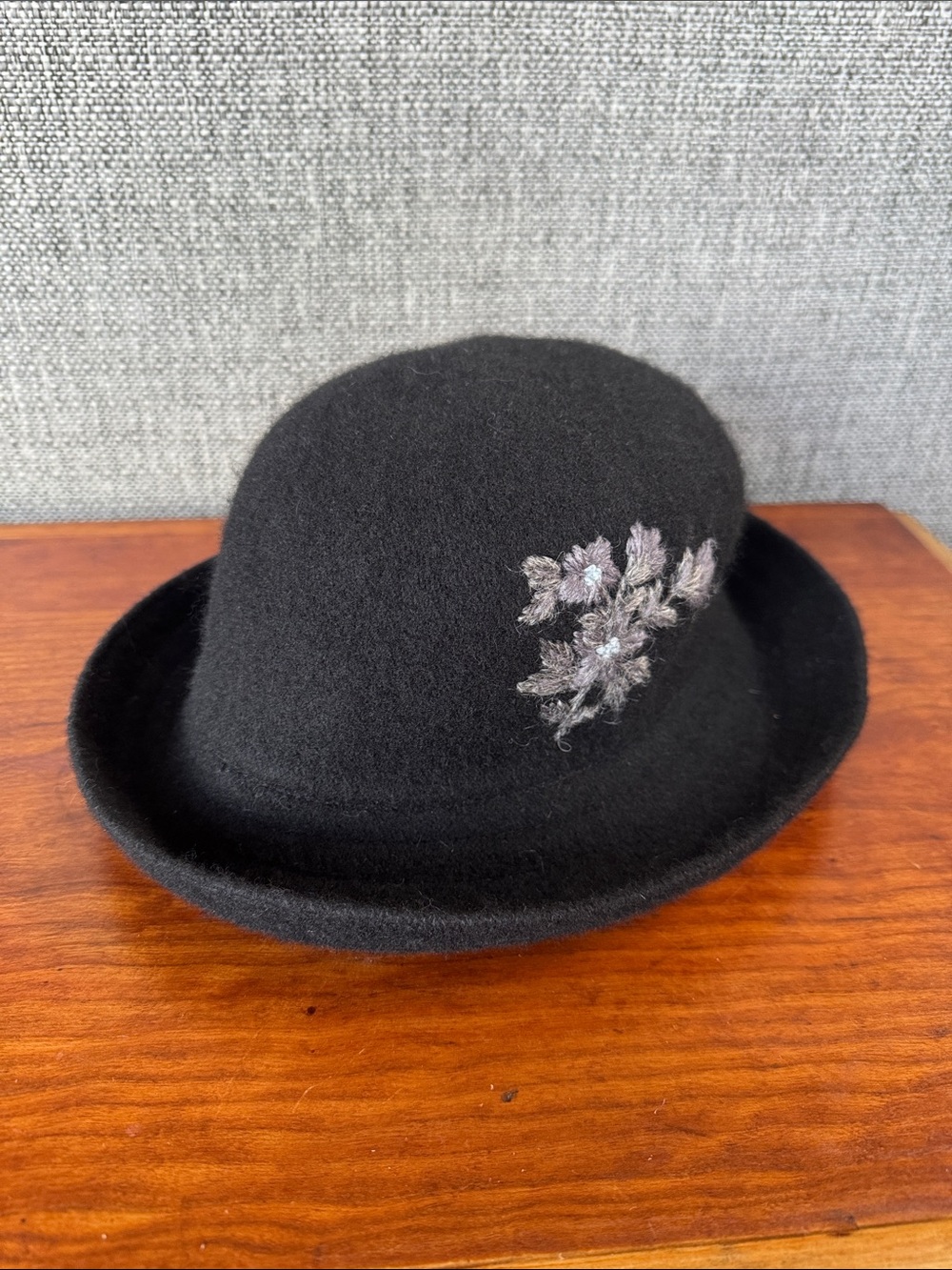 August Hat Company Black Wool Felt Cloche Hat with Floral Embroidery
